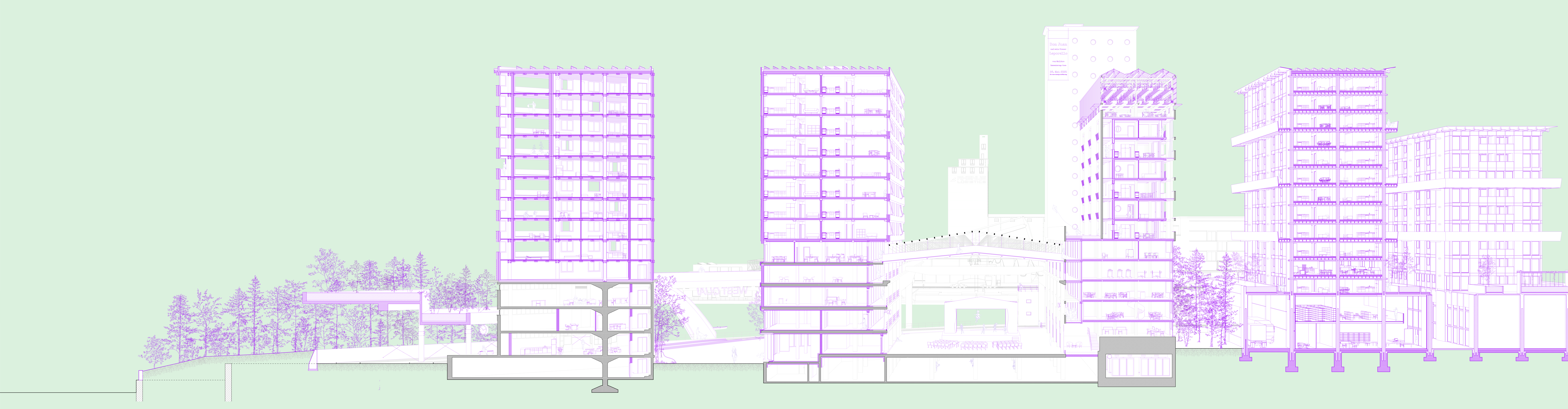 Architectural cross-section showcasing multiple high-rise buildings and their integration with green spaces, illustrating urban density and landscape design in the project.