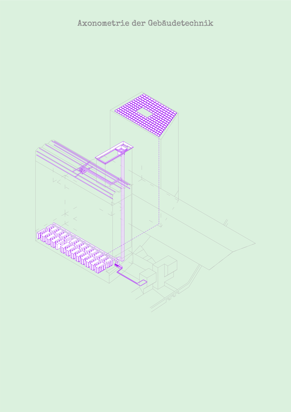 Axonometry of building services and technical installations, showing the intricate network of pipes and systems within the structure, a key part of the new architectural design.
