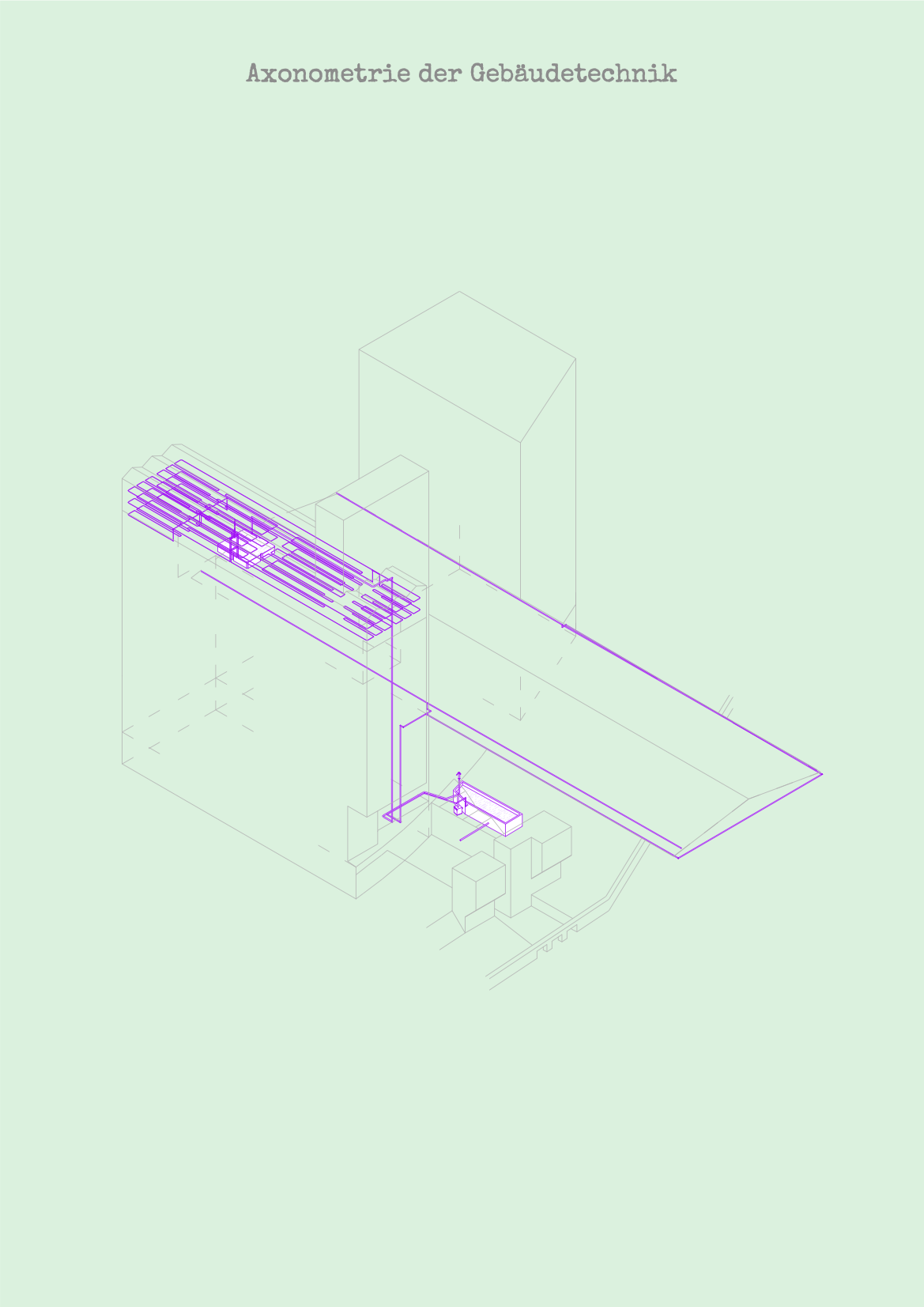 Axonometry of the building technology, illustrating the layout of pipes and systems for efficient operation within the Westquai architectural development.