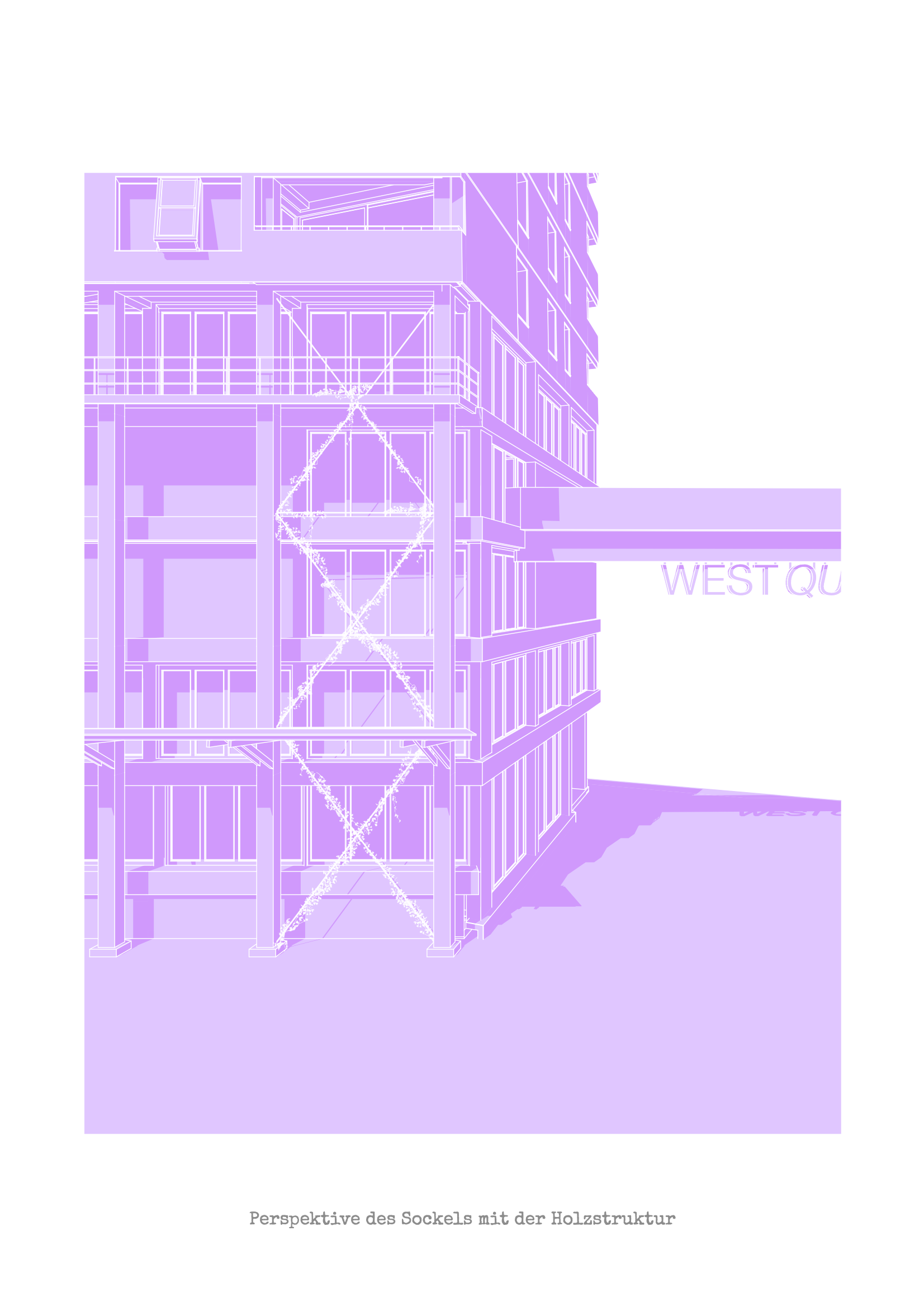 Perspective view of the plinth with the visible wooden structure, highlighting the material choices and foundational design of the Westquai project.