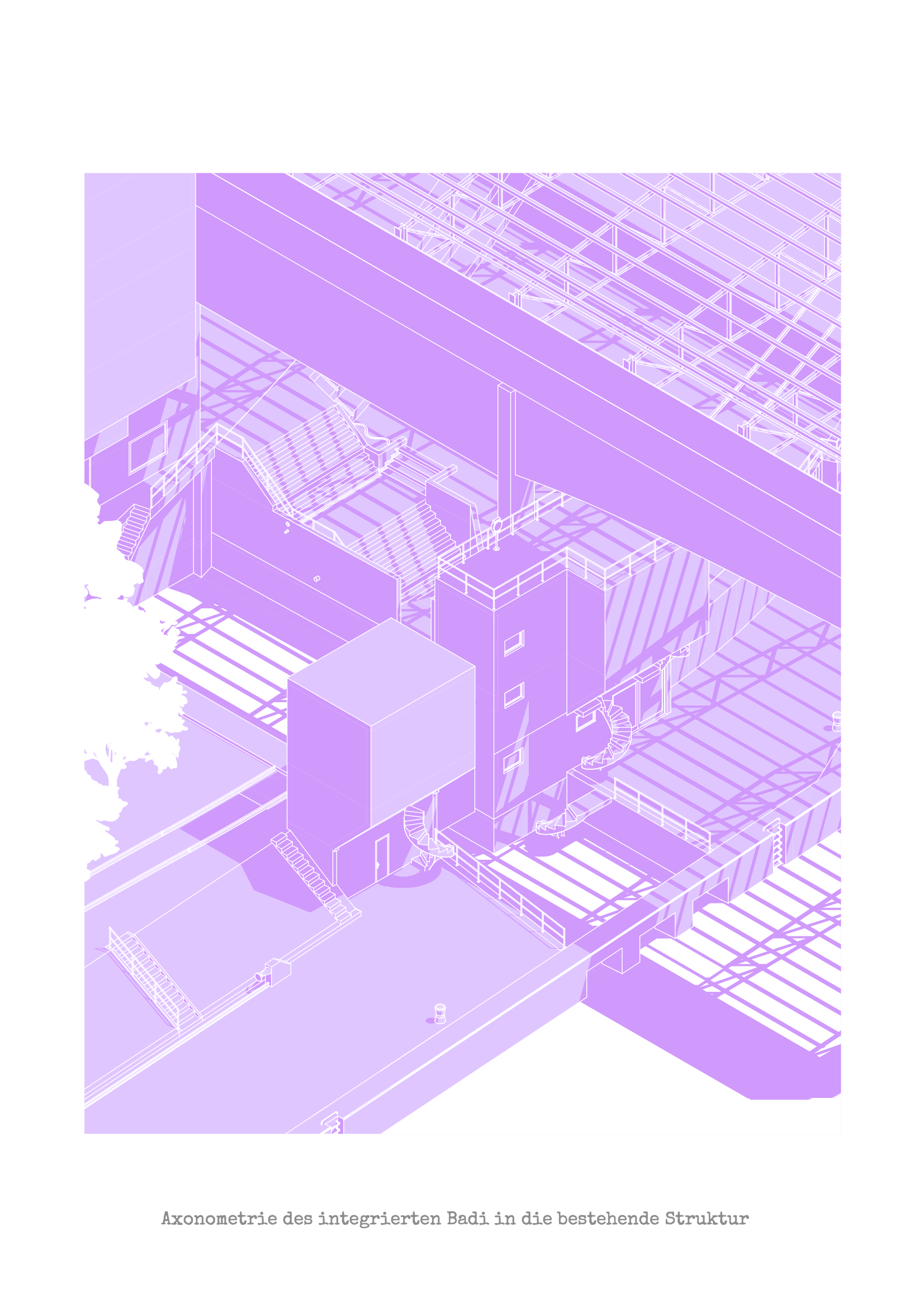Axonometry of the integrated swimming pool (Badi) within the existing structure, showcasing the seamless architectural integration of recreational facilities into the new project.