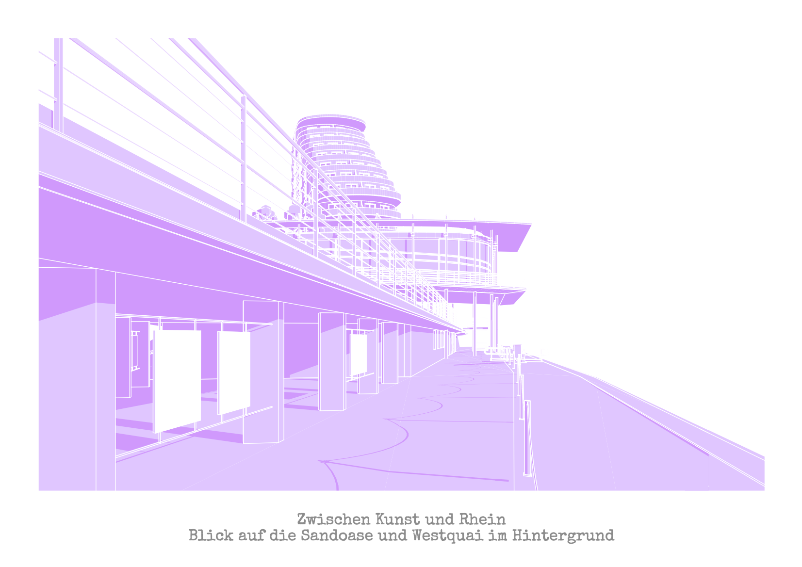 Architectural perspective view between art and the Rhine, with a focus on the Sand Oasis and Westquai in the background, showing the interplay of landscape and built environment.