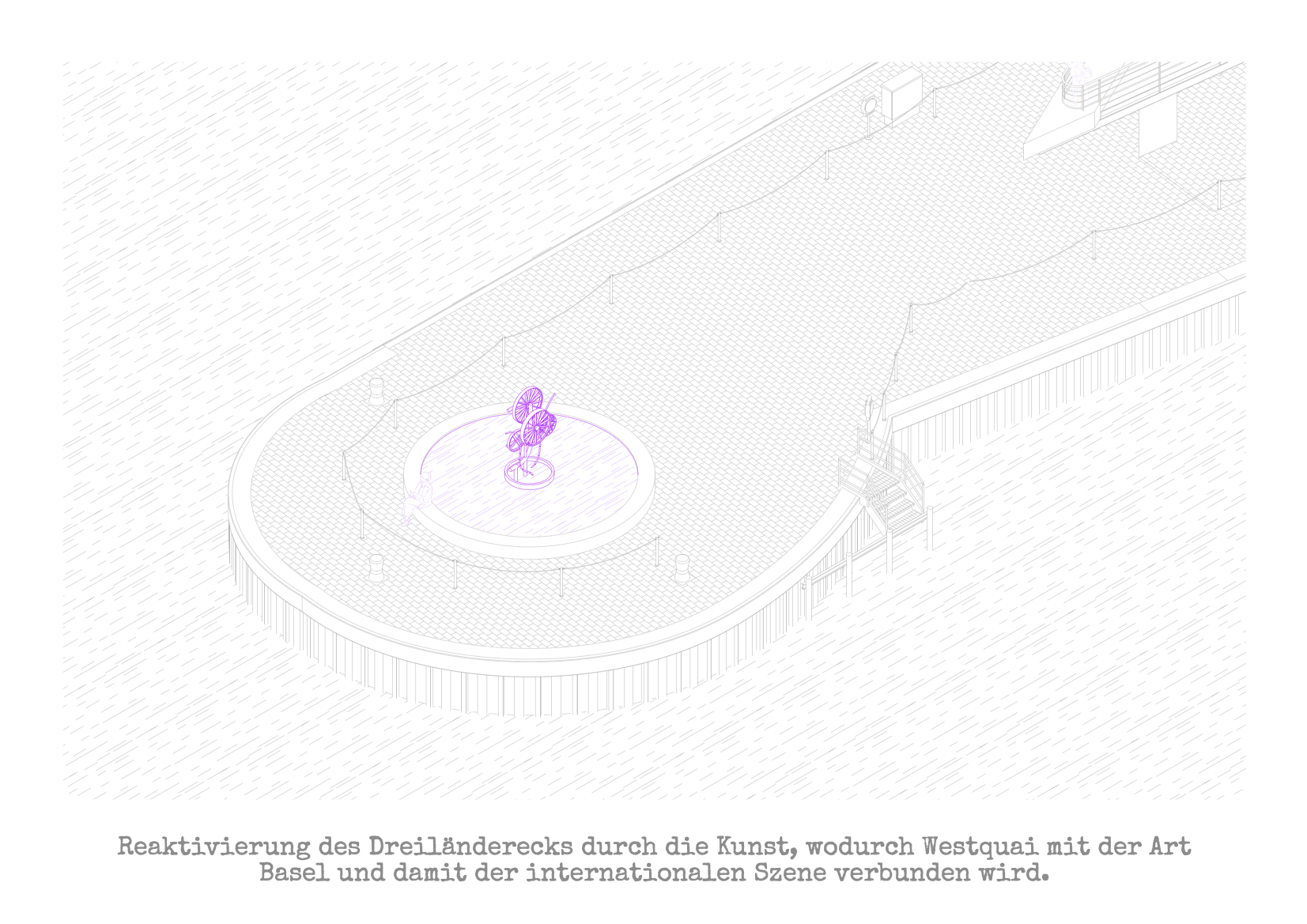 Architectural illustration of the 'Dreiländereck' (Three-Country Corner) reactivated by art, featuring a central sculpture, connecting Westquai to Art Basel and the international art scene.