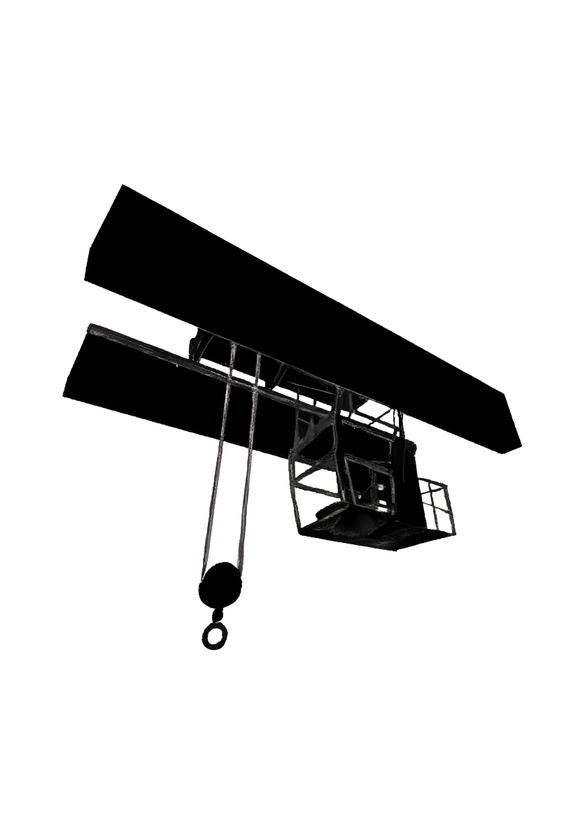 Silhouette of a large industrial gantry crane, representing the existing infrastructure and potential for adaptive reuse in the Westquai architectural project.
