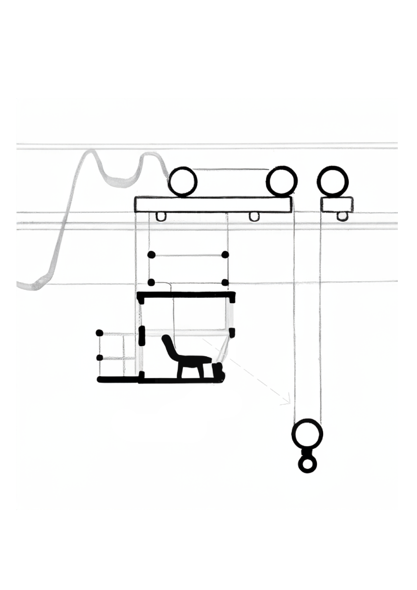Architectural diagram showing a crane cabin and its mechanical components, illustrating the operational aspect of industrial or construction machinery in the project context.