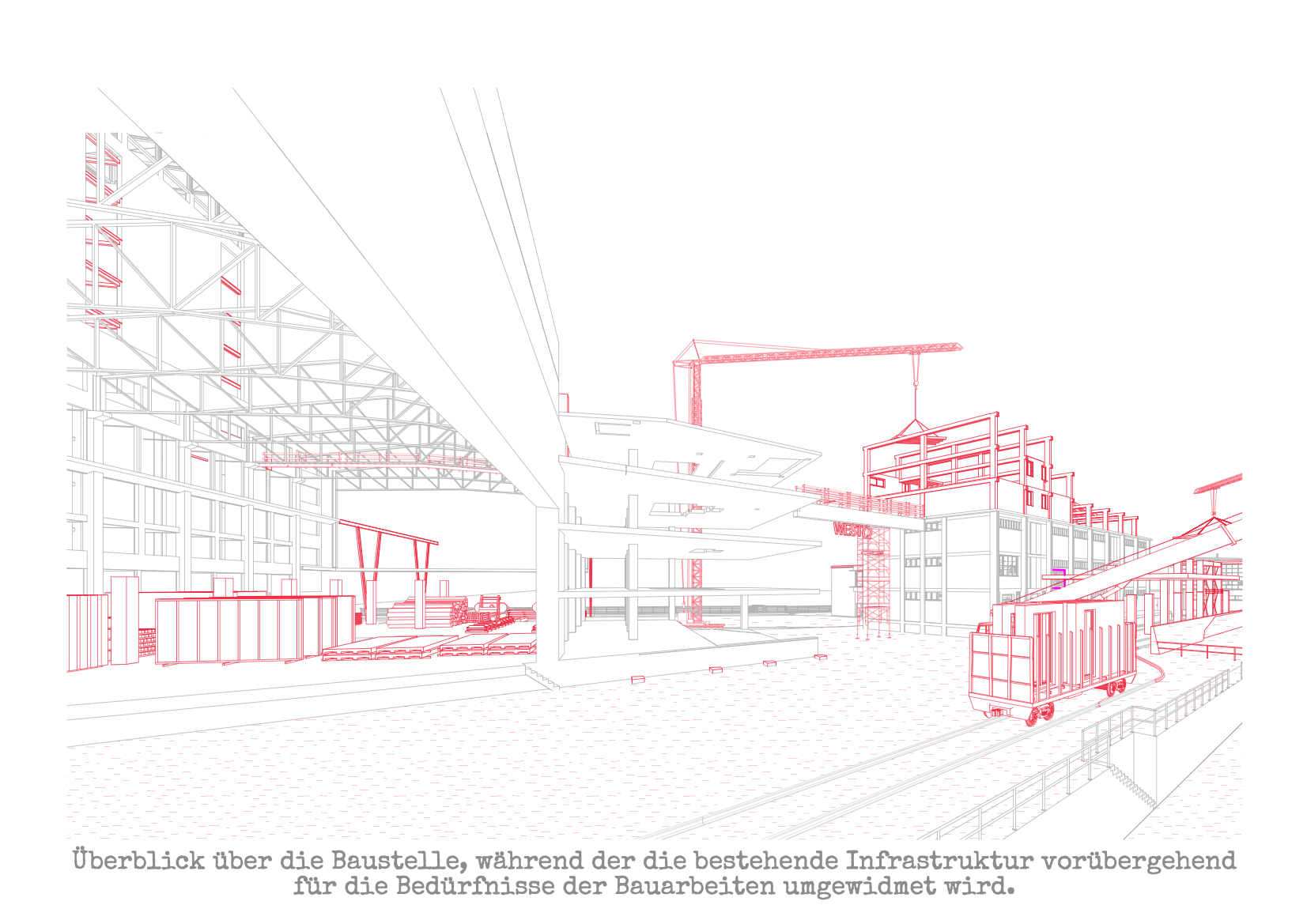 Overview of the construction site during which the existing infrastructure is temporarily repurposed for the needs of the construction work, demonstrating a smart, phased approach.