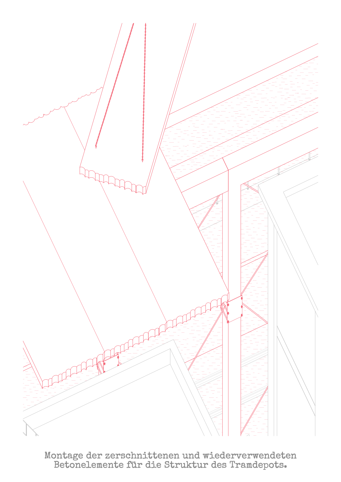 Architectural drawing illustrating the assembly of cut and reused concrete elements for the structure of the tram depot, emphasizing sustainable construction practices.