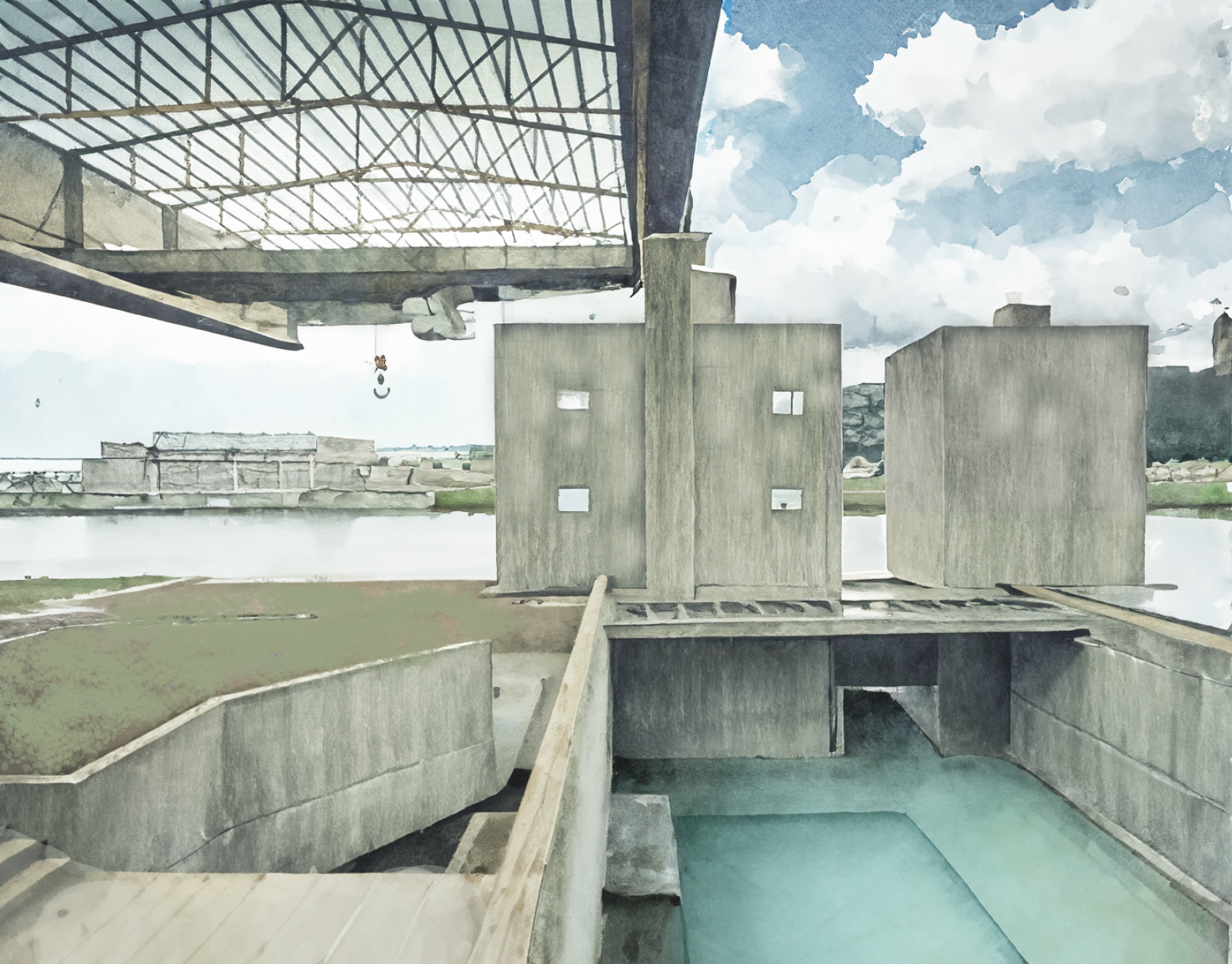 Architectural watercolor rendering of a modern concrete building complex with a large glass roof structure, showcasing outdoor green spaces and a calm water feature under a cloudy sky.