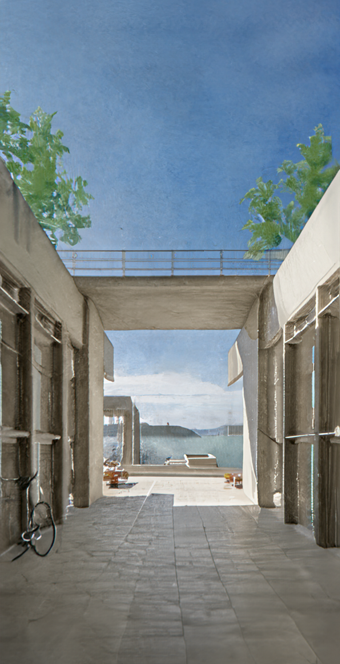 Architectural rendering of a modern concrete building with an elevated walkway connecting two sections, featuring trees and a view of a body of water under a blue sky, conveying an open and integrated design.