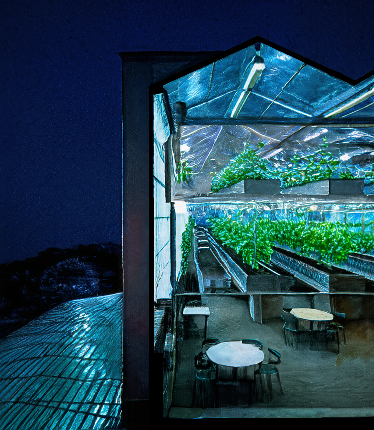 Nighttime architectural rendering of a multi-story greenhouse building with illuminated interior growing areas and exposed structural elements, demonstrating innovative sustainable design.