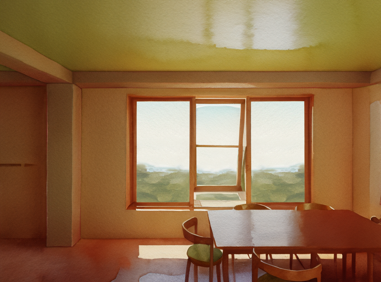 Interior architectural rendering of a room with large wooden-framed windows offering a view of a green landscape, featuring a dining table and chairs, depicting a bright and open living space.