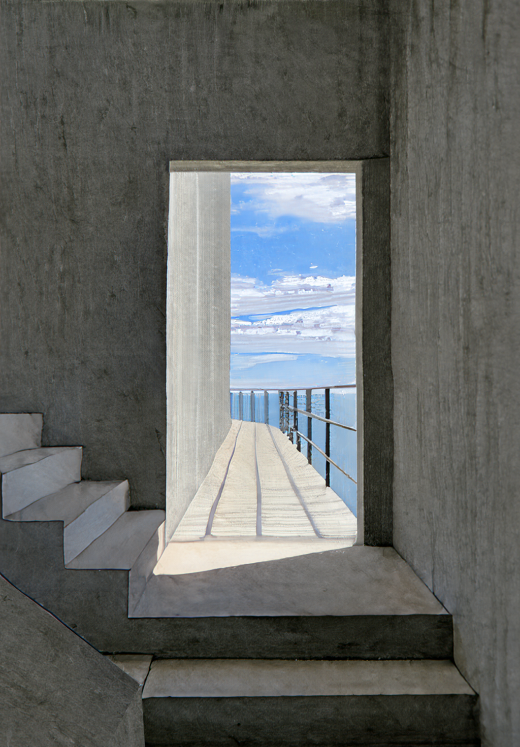 An architectural view featuring a concrete staircase leading to an open doorway, revealing a long, narrow walkway overlooking a cloudy sky and distant horizon, showcasing a minimalist design with a dramatic perspective.