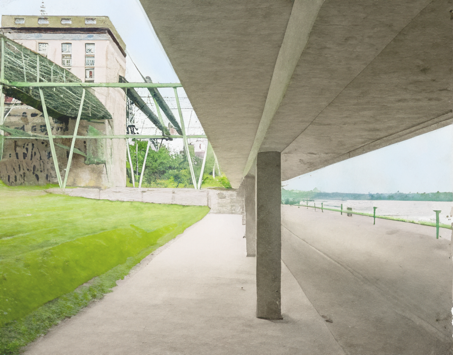 Architectural rendering of a concrete pedestrian walkway running alongside a grassy area and a river, with a large green metal bridge structure in the background, depicting an urban waterfront design.