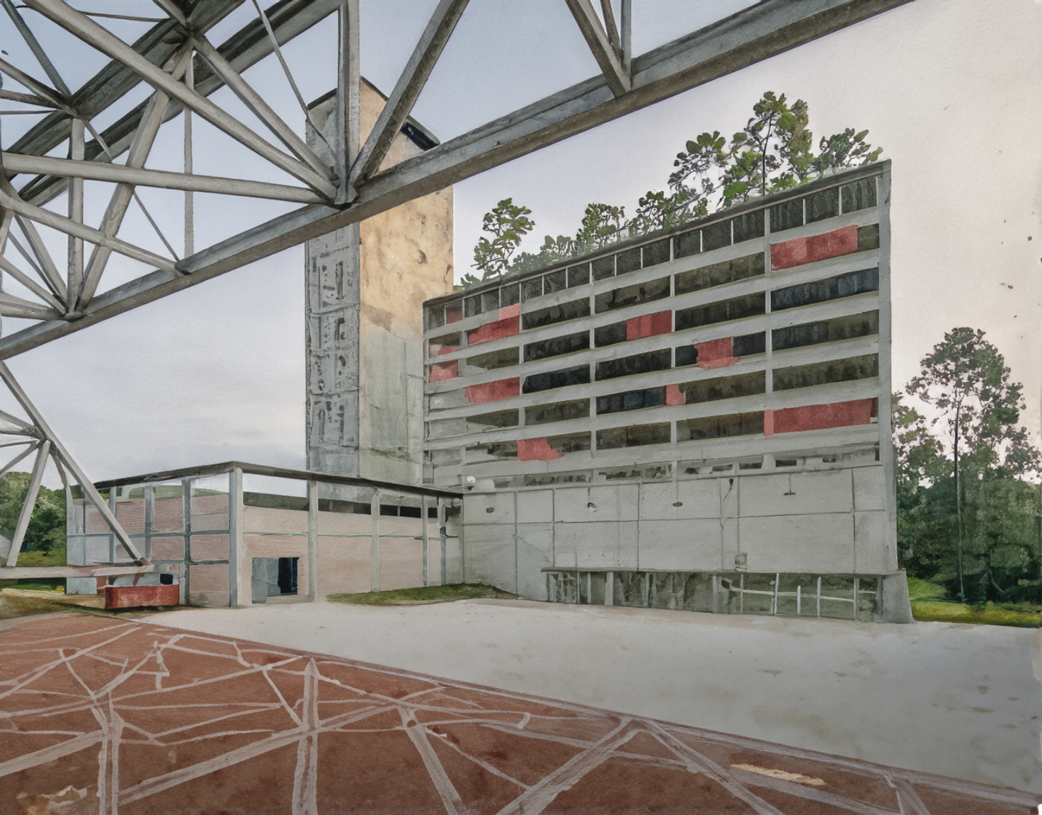 Architectural rendering of a multi-story building with a facade featuring horizontal bands of windows and some red elements, topped with greenery, seen through a large metal truss structure, suggesting industrial adaptive reuse.