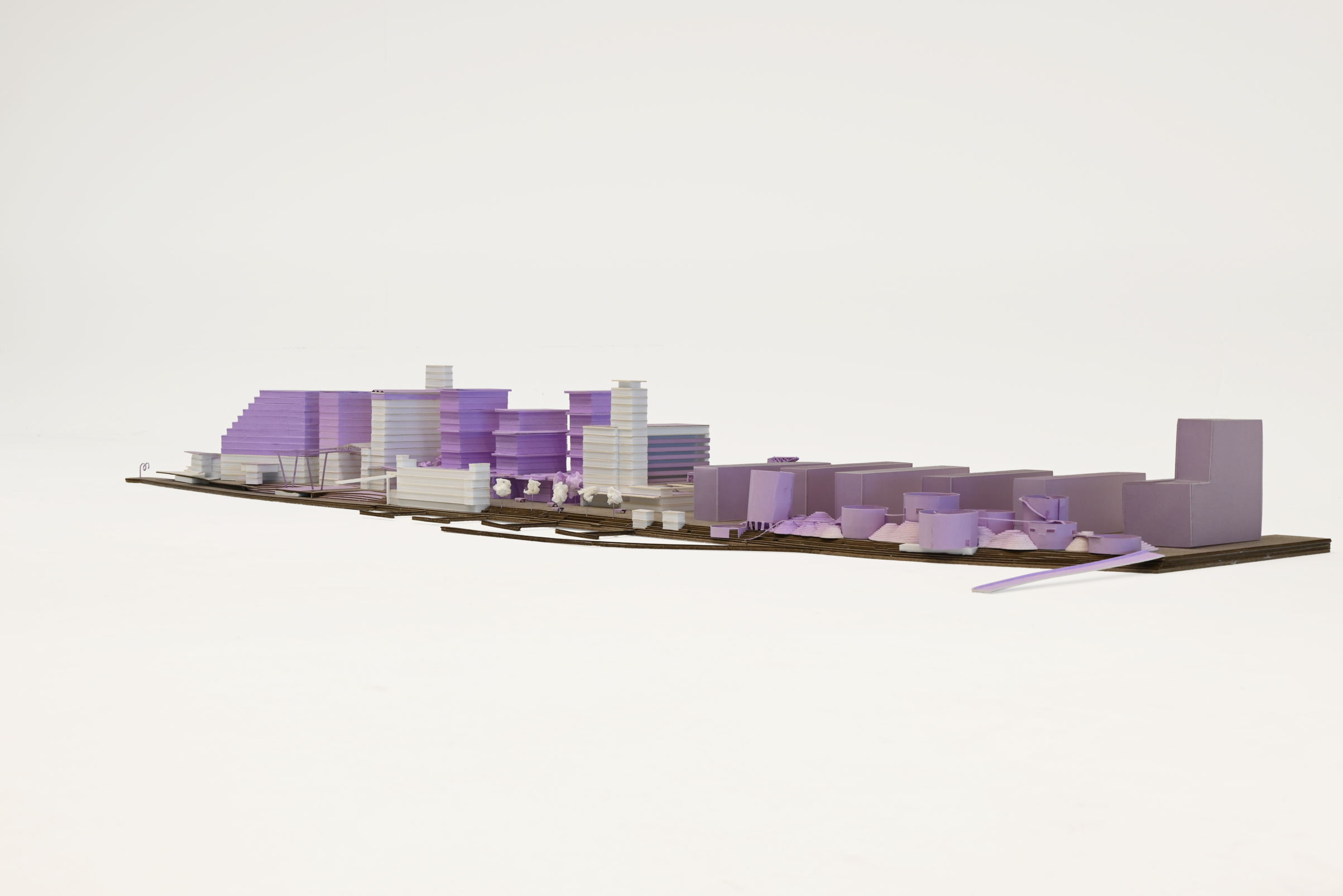 Architectural rendering of a rooftop garden or green space with various plantings, a winding path, and integrated seating, showcasing sustainable landscape design.
